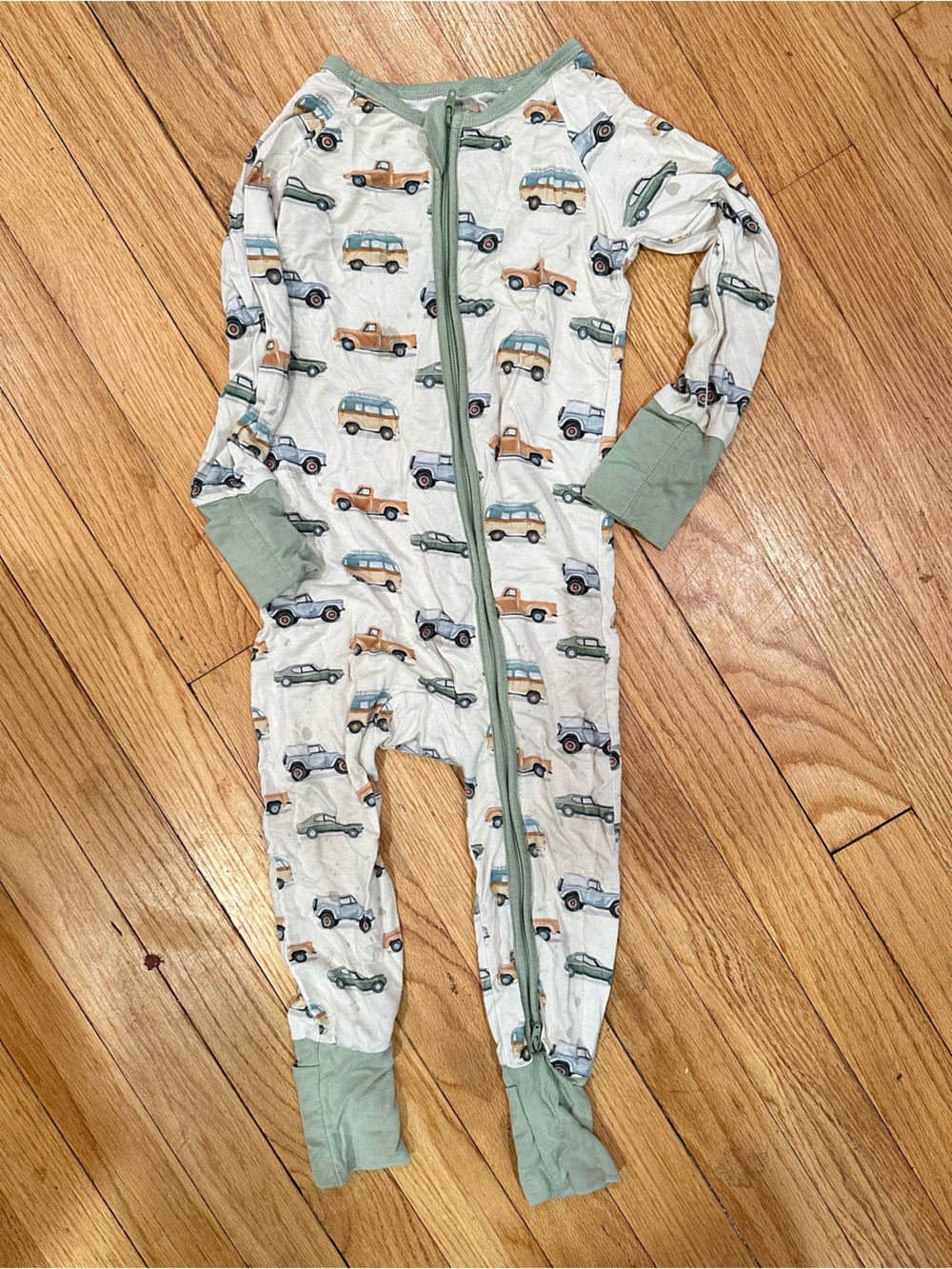Toddler Green-Trim Footed Pajamas with Car Print